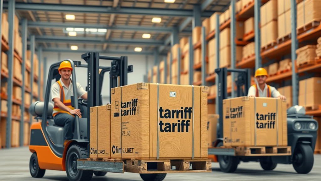 supply chain dynamics: industrial workers managing tariff-labeled imports in a modern warehouse setting