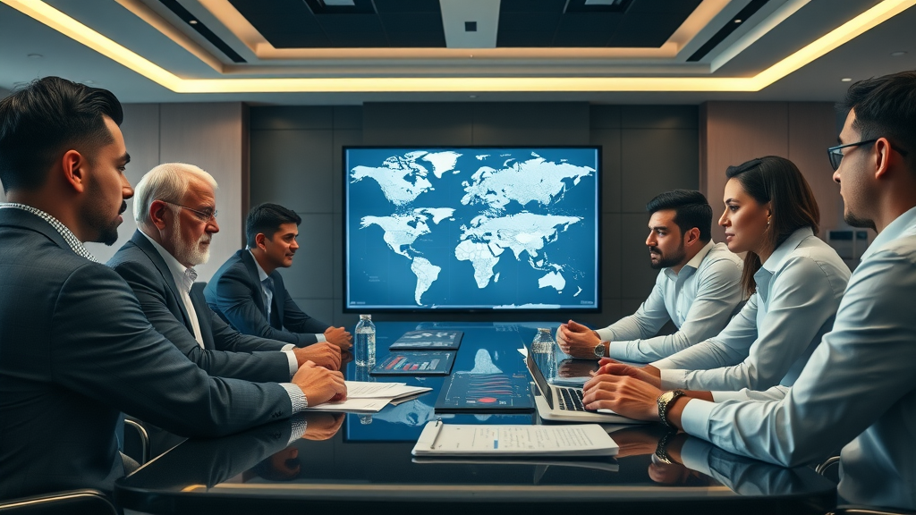 engaged boardroom business leaders strategizing over export news global trade digital maps