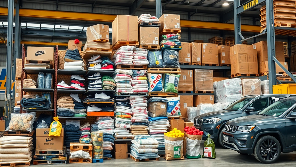 assorted imported goods like steel, electronics, shoes, produce, and cars, representing products affected by US tariffs