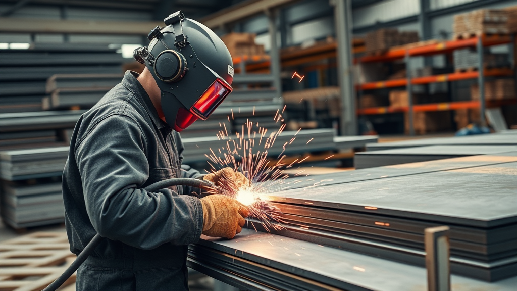 Operator using a plasma cutter for accurate steel plate burning in fabrication shop