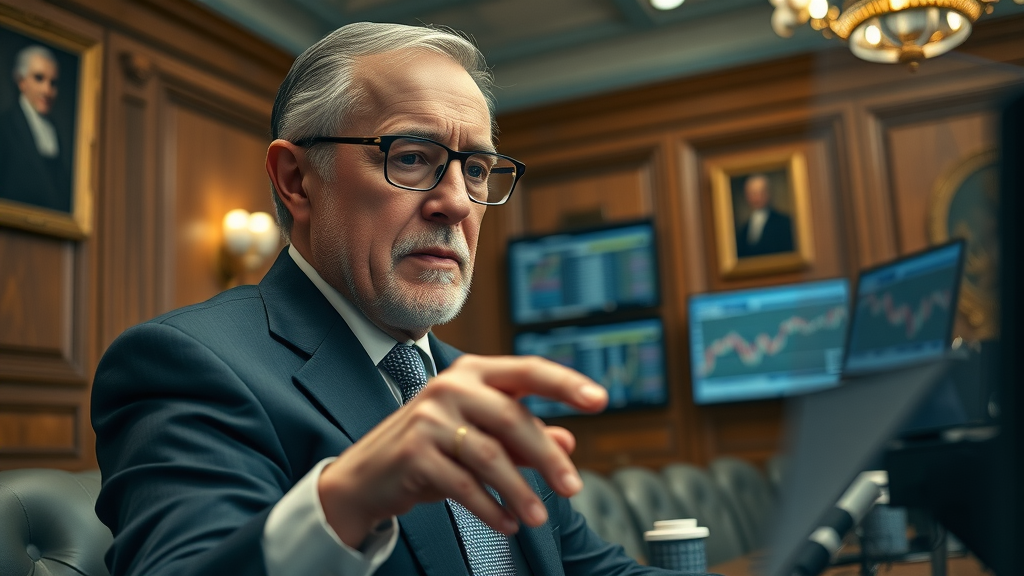 Federal Reserve official reviewing currency and inflation charts. Boardroom and historical portrait background, monetary policy decisions focus