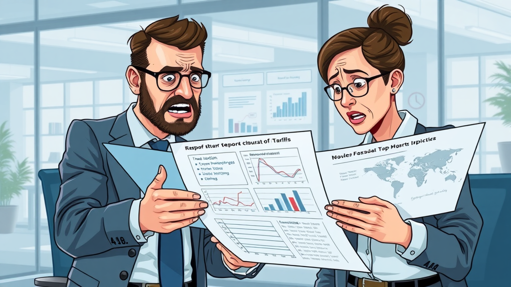 business professionals reviewing trade data and analyzing tariff reports in an office environment with charts of tariff rates
