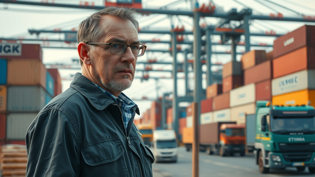 Supply chain manager assesses shipping containers at port amid supplier tariff impact.