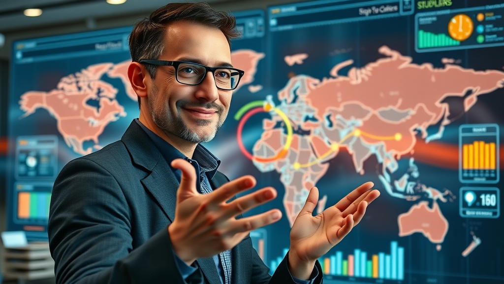 confident supply chain strategist analyzing world map with multiple trade routes and digital dashboards | tariff and supply chains