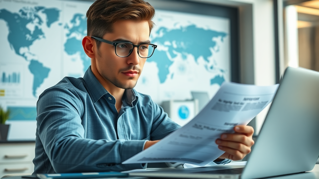 Determined young professional studying for custom broker license 2025 exam in a modern office with global trade documents.