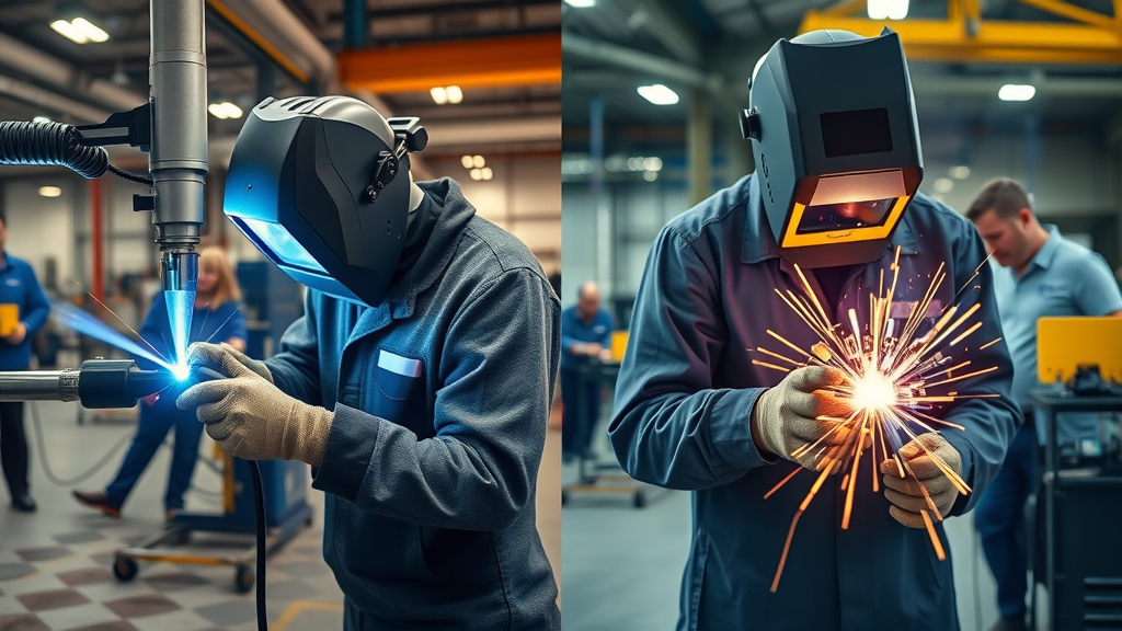 side-by-side comparison of laser welding and arc welding, machines in use with visible welding processes, industrial floor with equipment and safety barriers, steel blue and amber colors