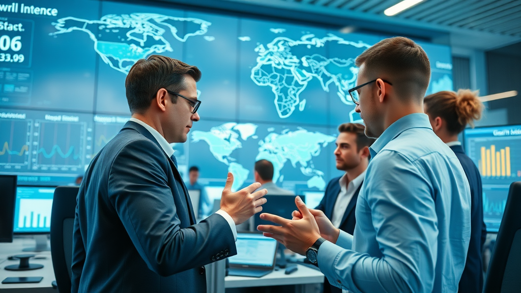dynamic global trade hub busy professionals reviewing export charts modern international trade office with world maps digital screens export news insights