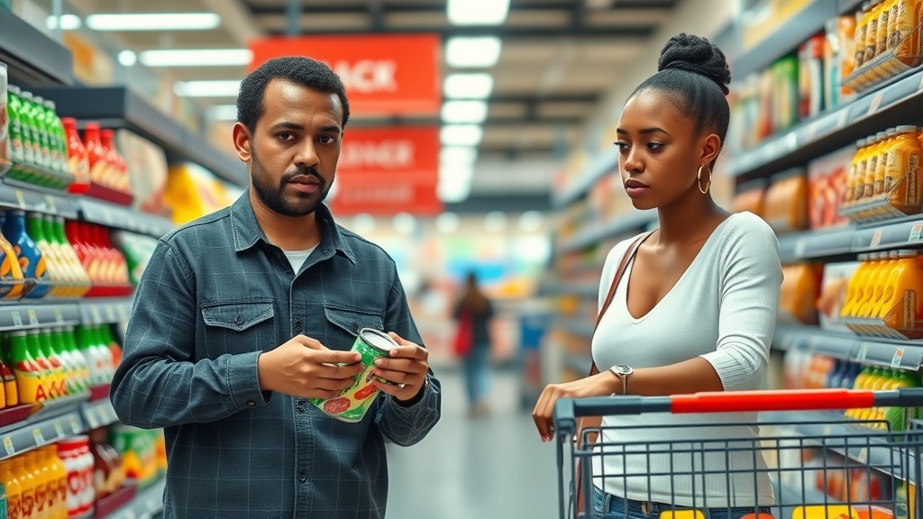 Multicultural shoppers comparing international product prices in the supermarket, showing the effect of global tariff trends on everyday goods.
