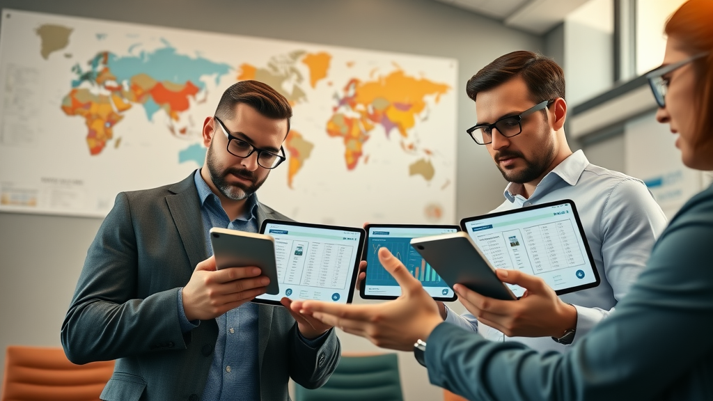 business professionals reviewing digital tariff schedules, analyzing compliance changes in customs regulations 2025, collaborative conference room, compliance charts, modern setting