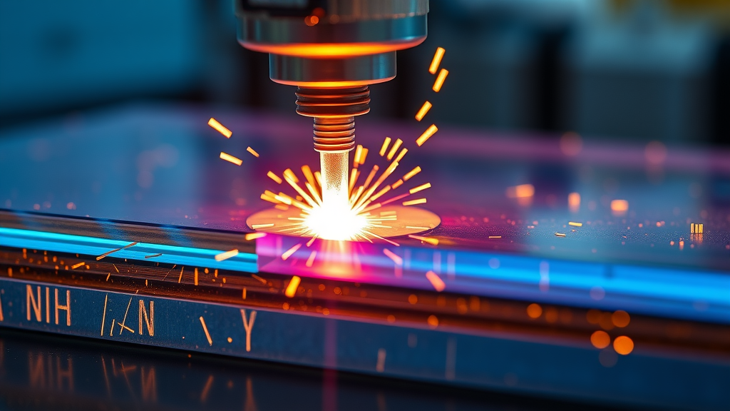 Laser beam precisely cutting through layers of advanced materials, glowing heat effect visible, high-grade polymer welding and laser cutting in scientific lab