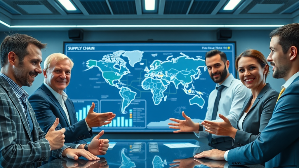 Strategic business team planning supply chain map to minimize trade war tariff exposure