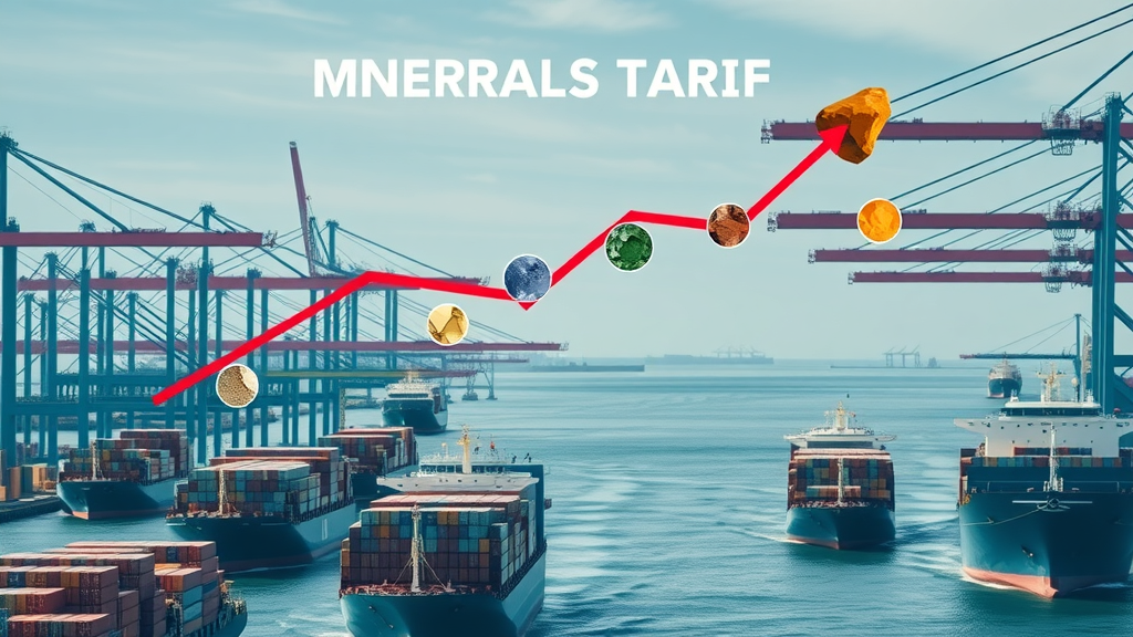 Infographic showing rising mineral tariff rates, arrows and minerals, bustling international port, global supply chain complexity