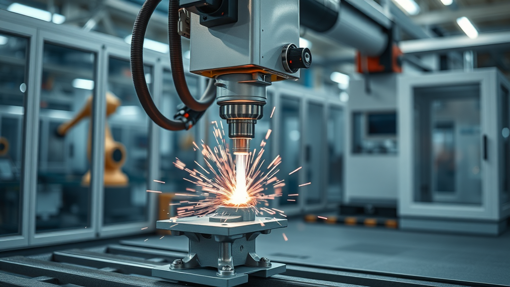 Modern automated laser welding machine in operation with robotic arms, joining metal parts efficiently in a professional factory, sparks flying, advanced safety features, bright industrial environment, automated laser welding system in action