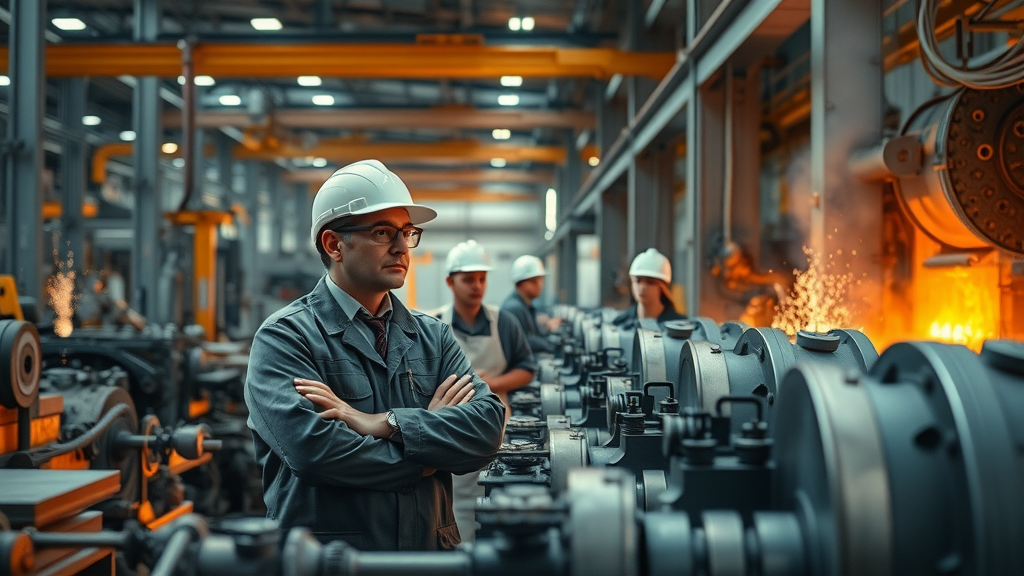 Steel and aluminum manufacturing plant with engineers overseeing operations.