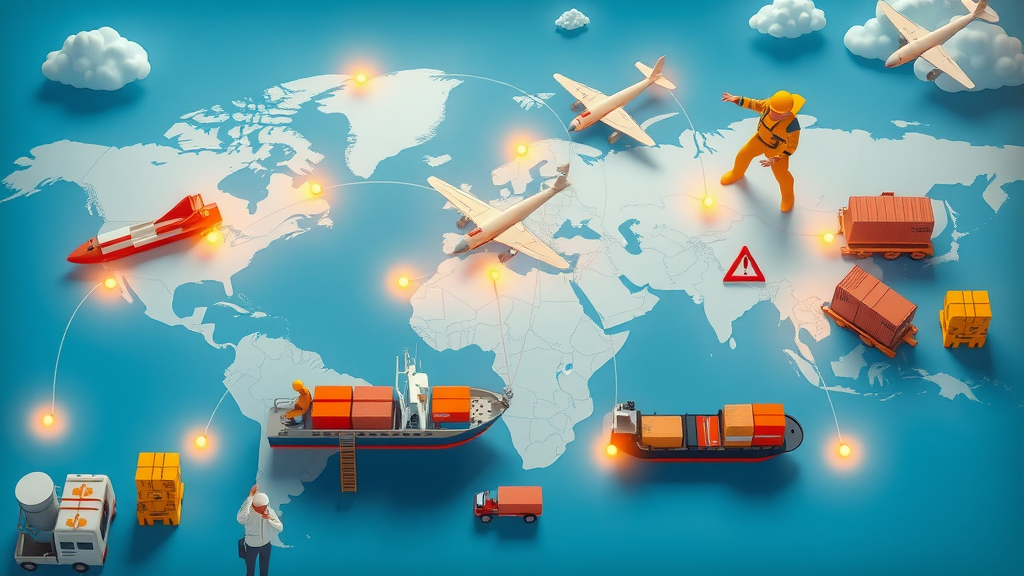 illustrative global supply chain with cargo, warehouses, and workers adjusting to US tariff changes on major trade lanes