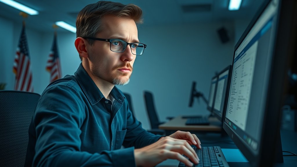 focused adult taking the digital customs broker license exam at a testing center