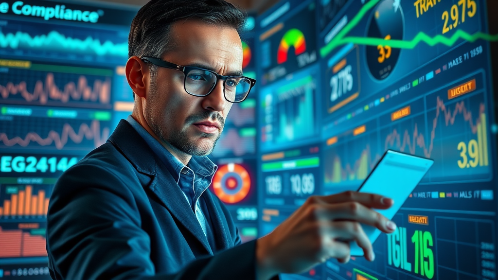 regulatory news analyst reviewing compliance checklists and regulatory alerts on digital dashboard