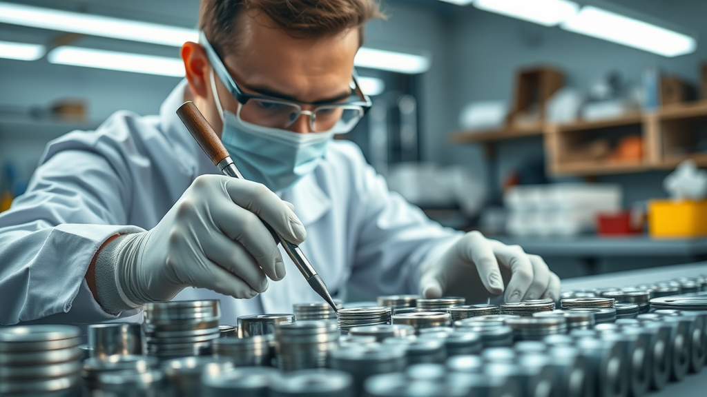 orderly array of metal samples, professional technician inspecting and cleaning surfaces, laboratory or workshop background, subtle reflections on metals, cool fluorescent lighting