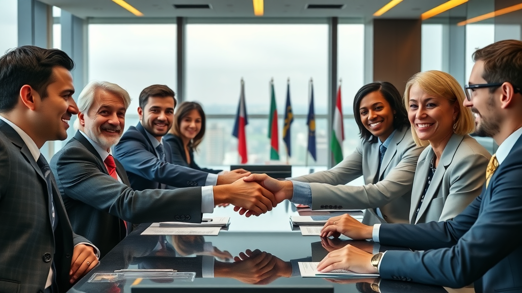 trade policy updates diverse negotiation team shaking hands conference room