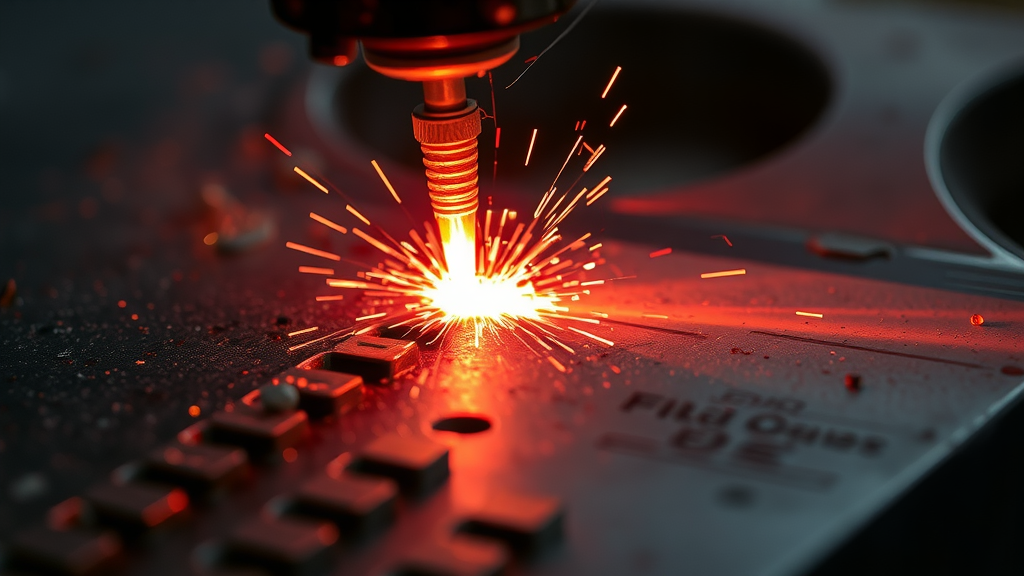 dynamic close-up of a laser beam striking metal, intricate molten pool forming, sparks and smoke, glowing weld seam, metallic silver and orange hues