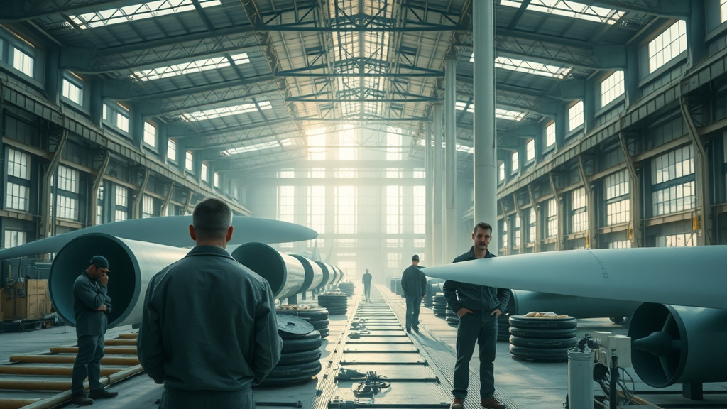 Halted wind turbine assembly line showing supply chain disruptions from mineral tariff policy changes, demonstrating impacts on clean energy projects