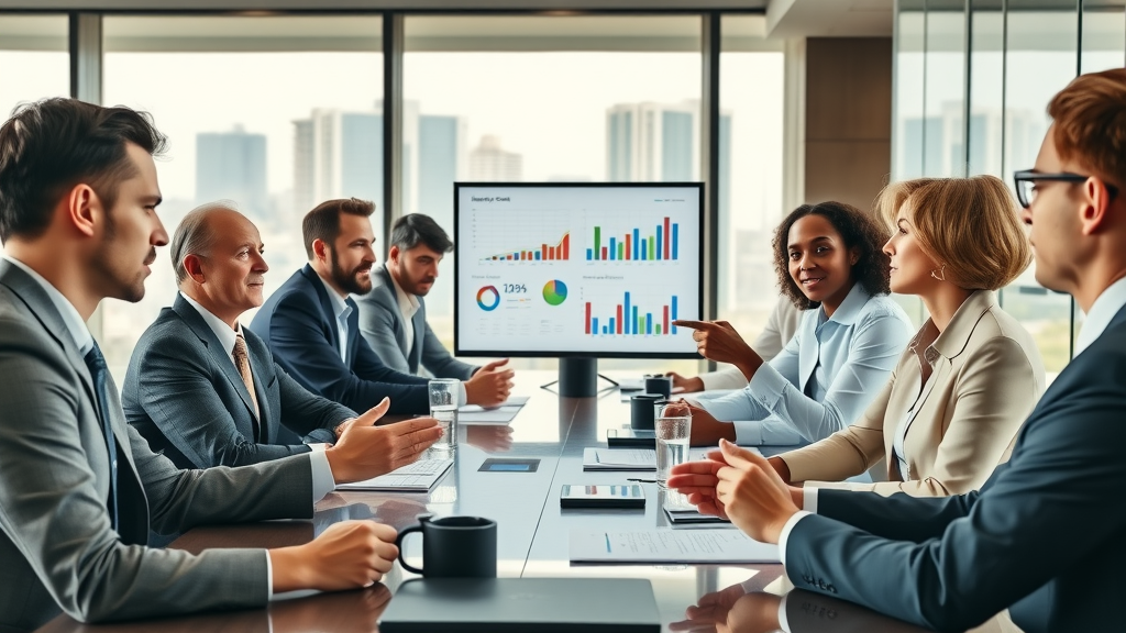 Executives discussing supply chain strategies and dashboards.