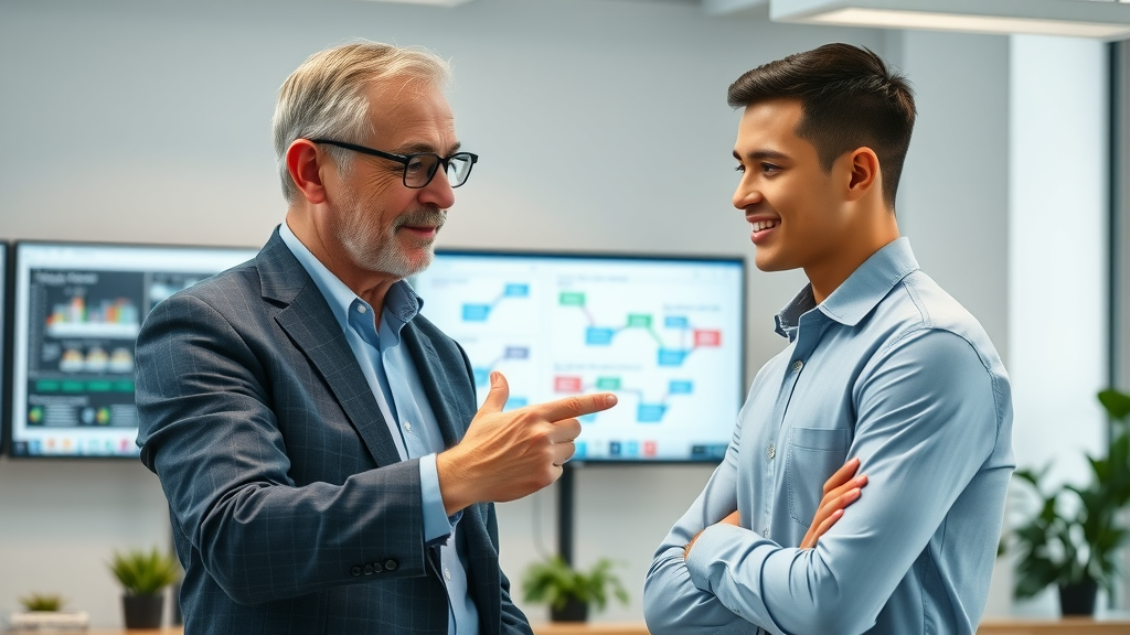 experienced mentor helping customs broker trainee at a digital supply chain workstation