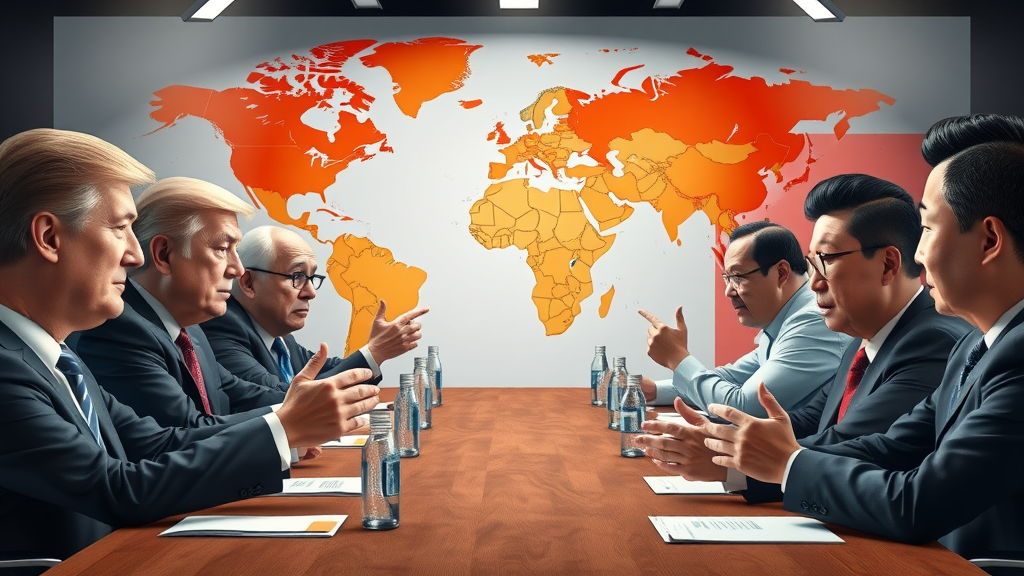 US, EU, Chinese officials debating retaliatory tariffs at negotiation table with world map and shifting trade routes