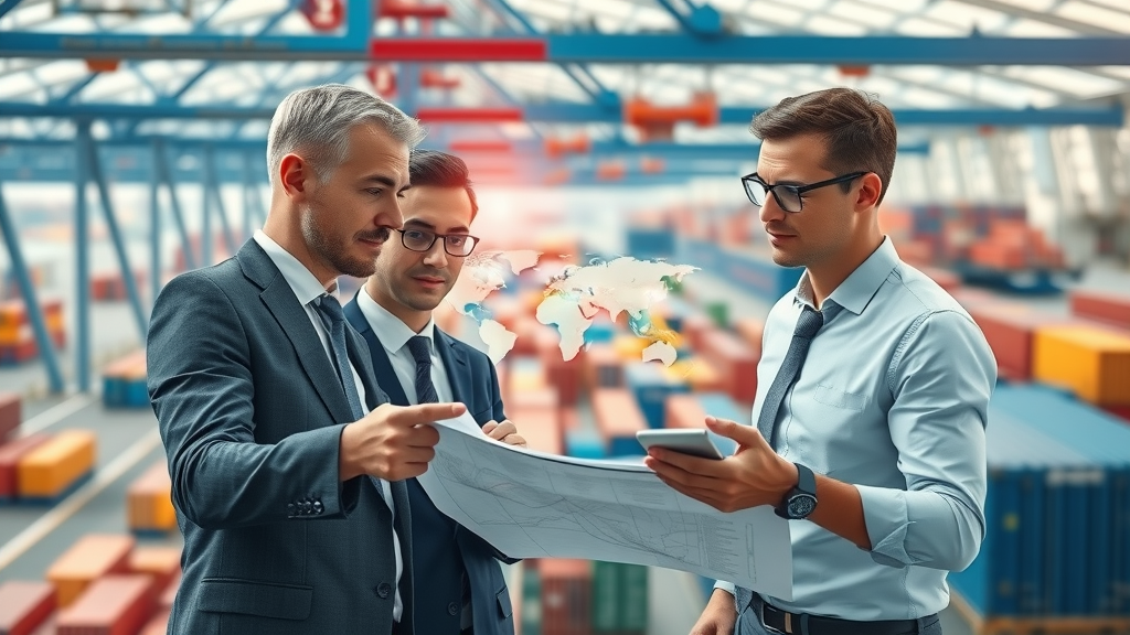 modern global shipping logistics hub with professionals planning import and export