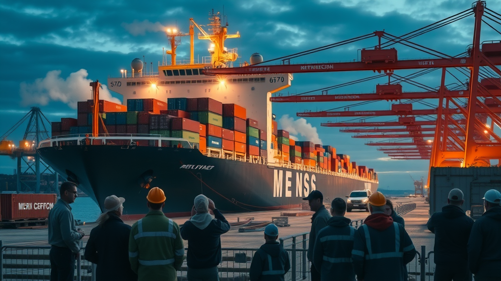 cargo ship at international port with shipping containers, customs station, port workers, illustrating export licensing, high-fidelity dusk scene