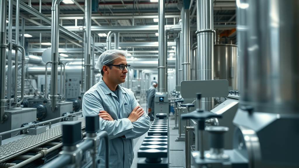 industrial mineral refinery, technicians overseeing purification machinery, mineral export duties compliance