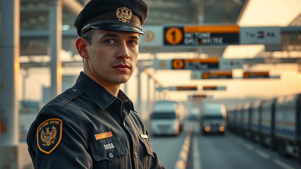 customs officer regulating international trade, monitoring cargo, exemplifying regulation and facilitation in foreign trade policy at a modern border checkpoint