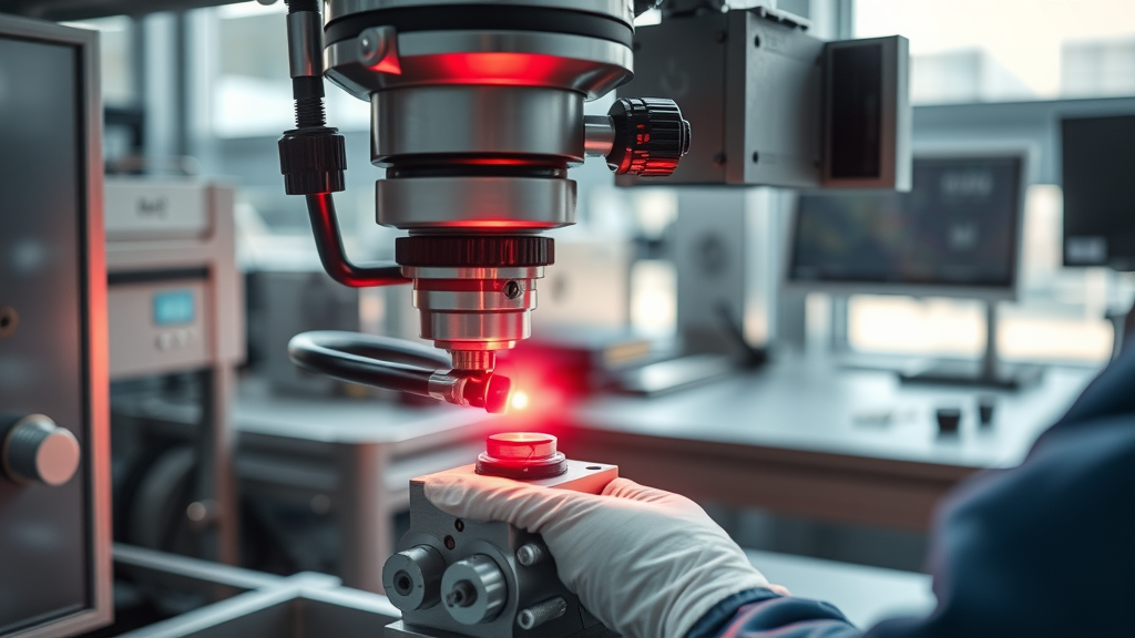technician examining laser beam focal point using high-tech laser equipment for laser welding technology