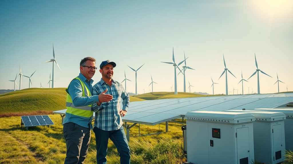 Solar farm, wind turbines, and battery storage—energy professionals inspect equipment, clean energy sector effect