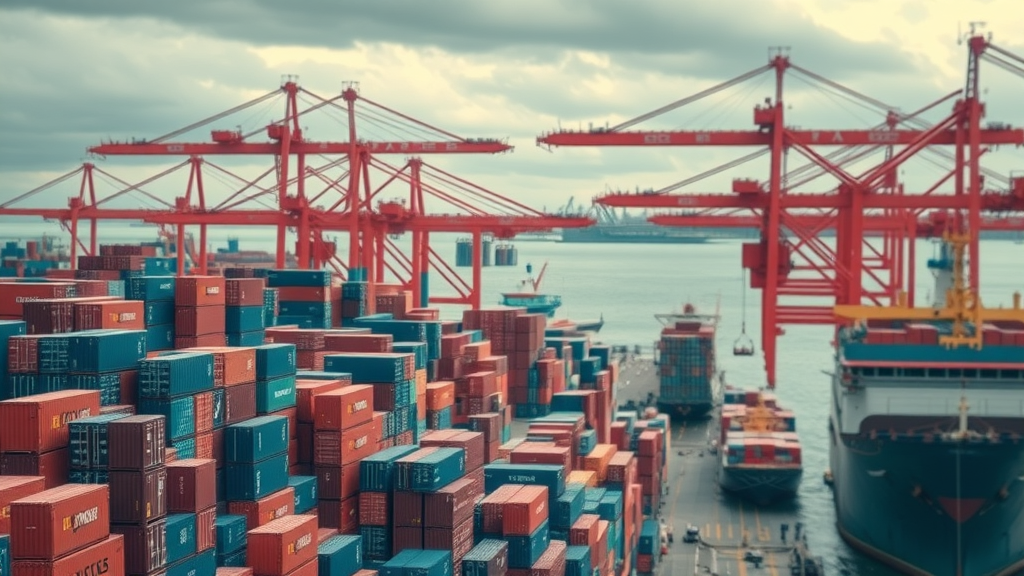 chaotic container port with managers tracking cargo disruptions, disrupted global supply chain 2025