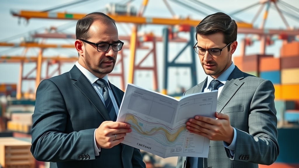global trade scene with regulatory professionals reviewing mineral trade regulations at a bustling international port