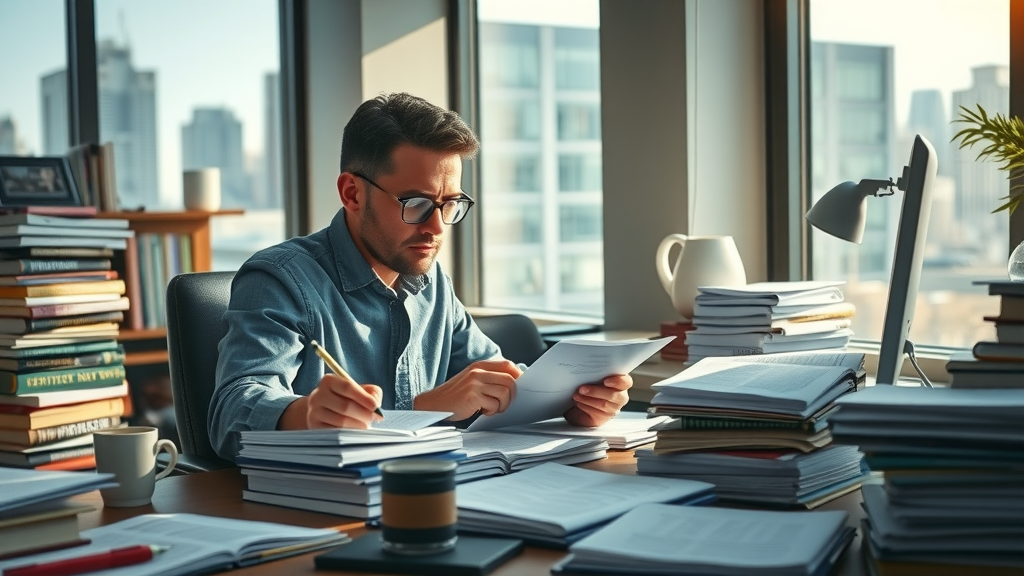 intense study environment customs broker exam preparation, determined professional at desk with legal books, exam papers, referencing CFR volumes in a modern study room