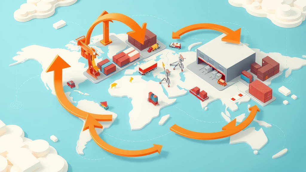 infographic illustration showing import and export flows in an international trade zone with global logistics and warehouses