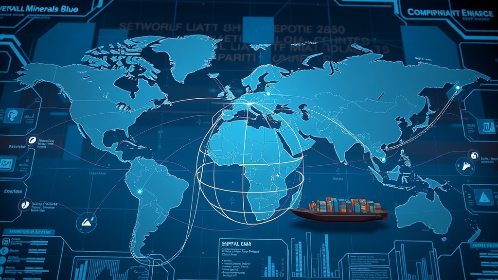 Global supply chain schematic showing minerals movement between continents, digital world map | critical minerals tariff