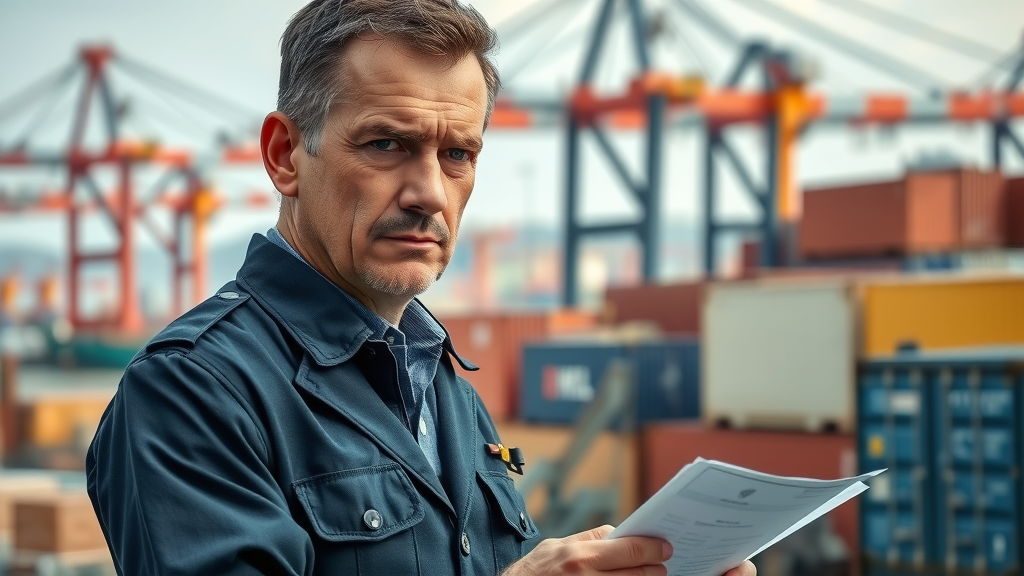 Customs officer inspecting imported goods with containers, tariffs on import goods enforcement