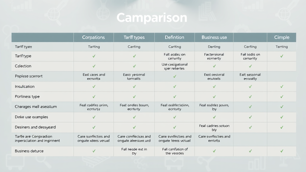 comparison table summarizing import export tariff types, business-use examples, global trade context, easy to read for supply chain and trading partners