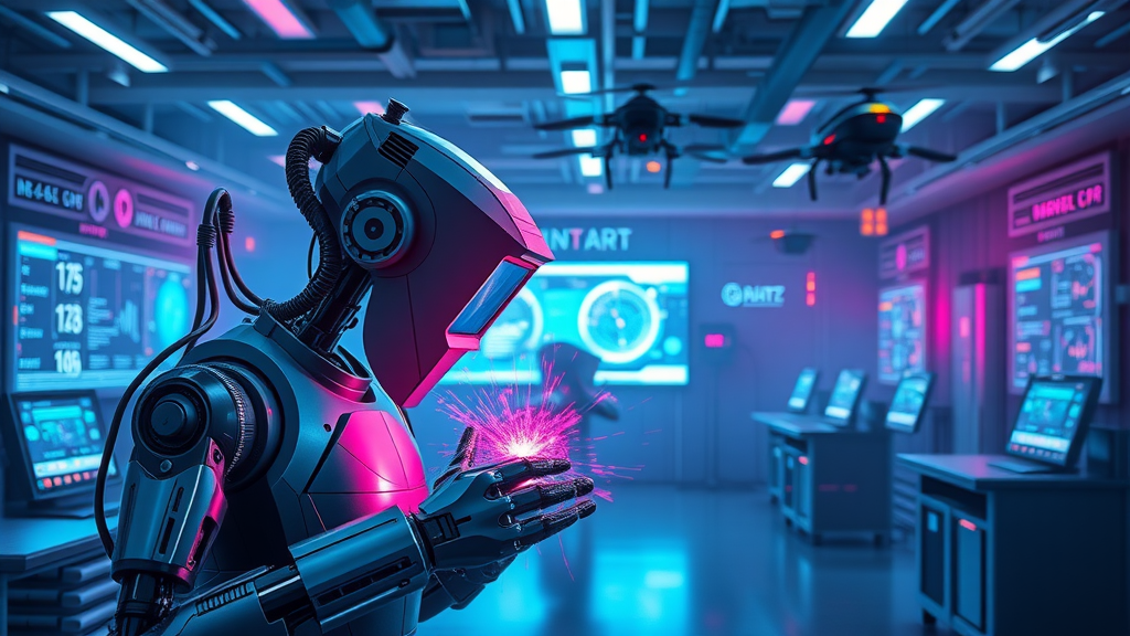 futuristic laser welding laboratory with robotic AI-driven welding machines and glowing interfaces, vision of tomorrow’s welding systems