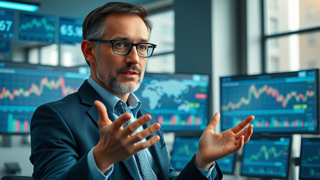 professional economist discussing global trade updates with digital chart, main keyword: global trade
