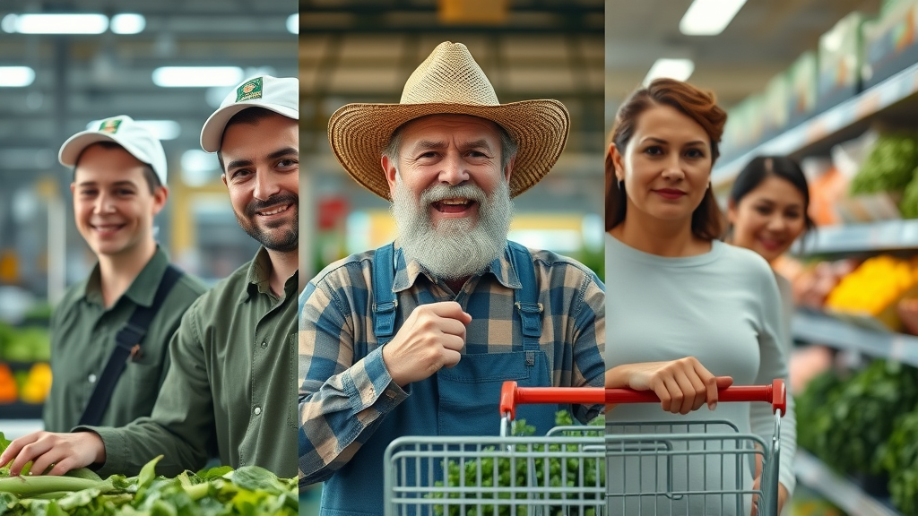 Contrasting scenes of American factory workers, worried farmers, and neutral shoppers reflecting the economic effects of tariffs.