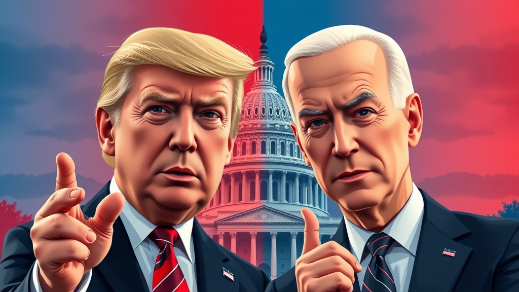 President Trump and President Biden contrasting trade policies and their effect on affected industries US tariffs, US Capitol in background, split color motif