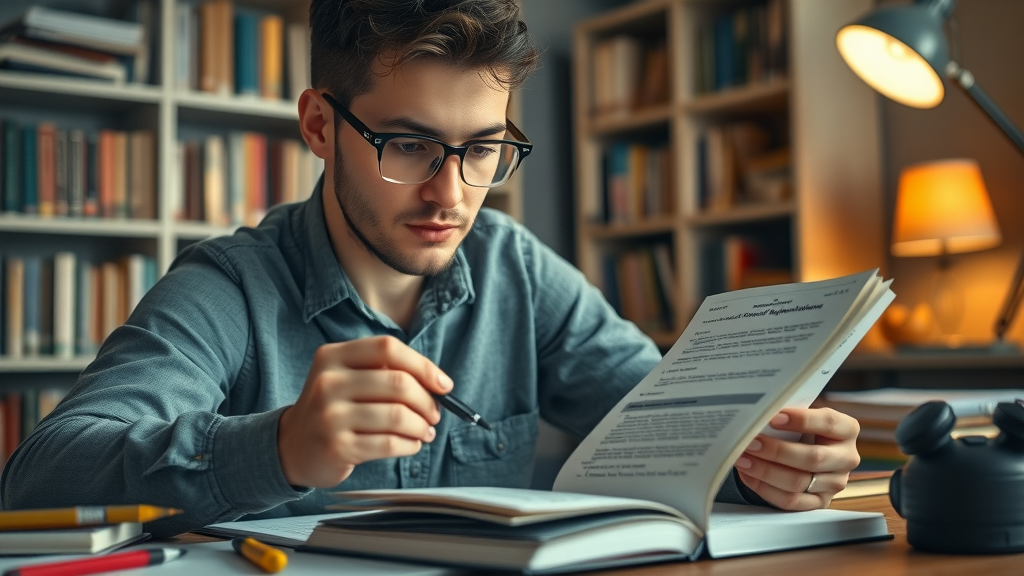determined exam candidate highlighting customs regulations in textbook; customs broker license exam preparation; focus, soft warm study room