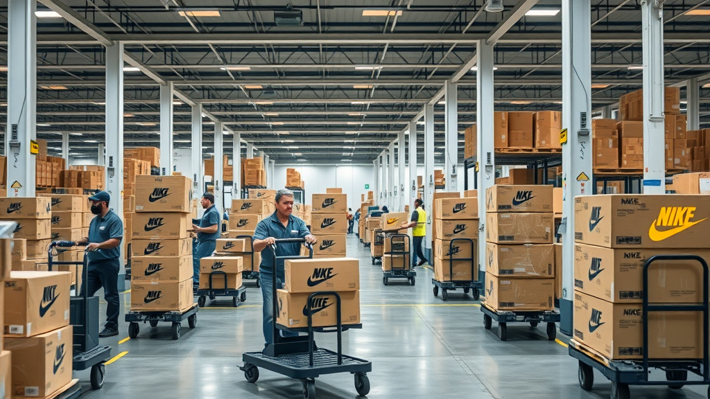 Nike logistics center managing shipments affected by US tariffs, tracking incoming China-sourced products under warehouse lighting