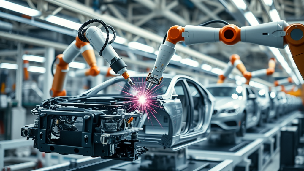 robotic arms performing precise laser welding on automotive chassis in a modern assembly line