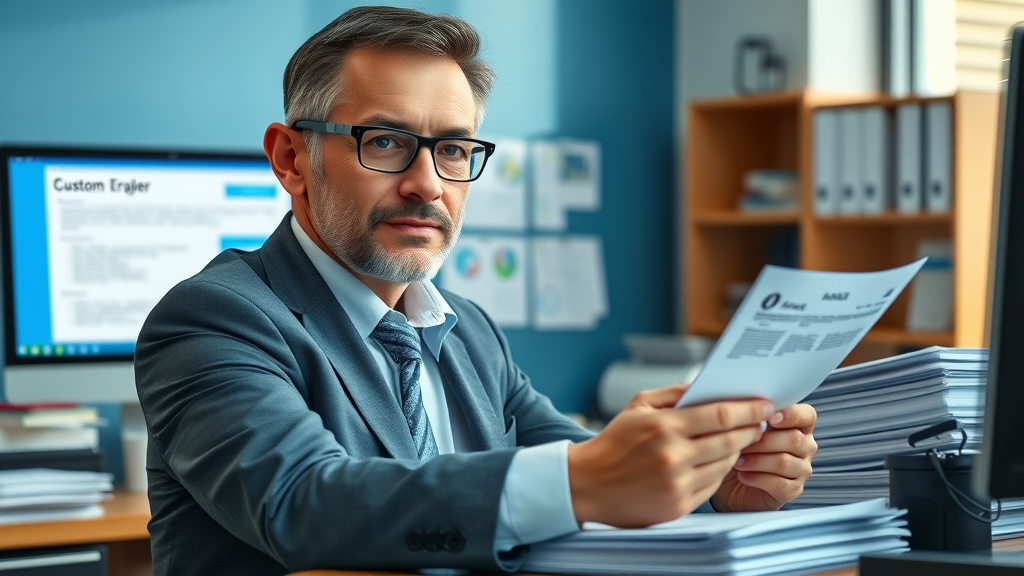 professional customs broker at a desk reviewing import-export documents; customs brokerage certification exam prep in progress; office with stacks of files and computer monitor