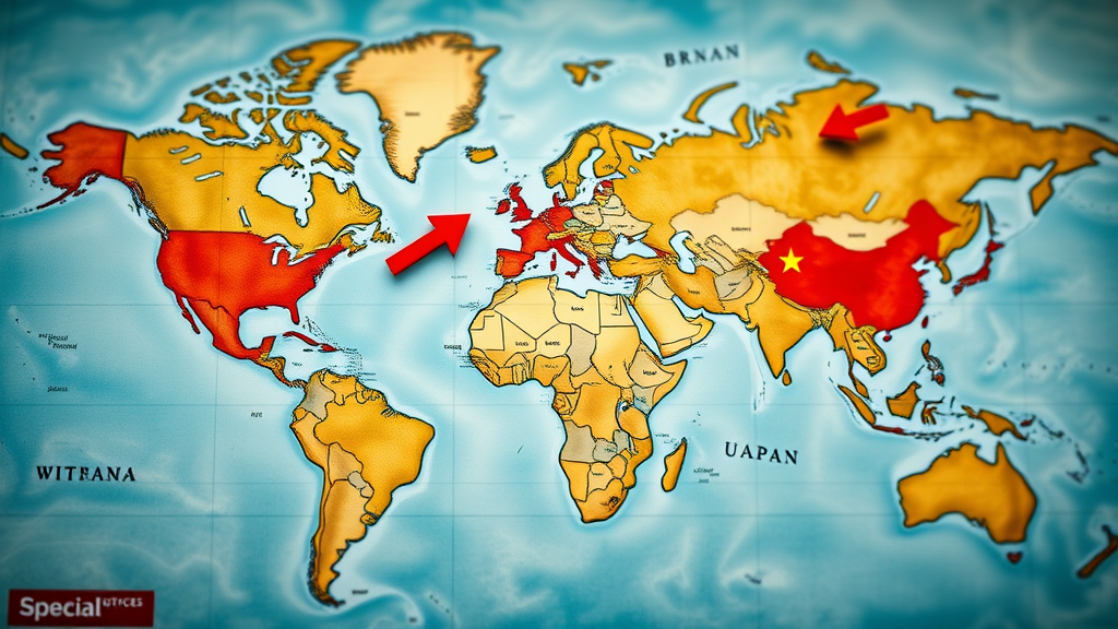 vivid world map with animated arrows showing trade flows between China, USA, and EU, representing global trade organization impact